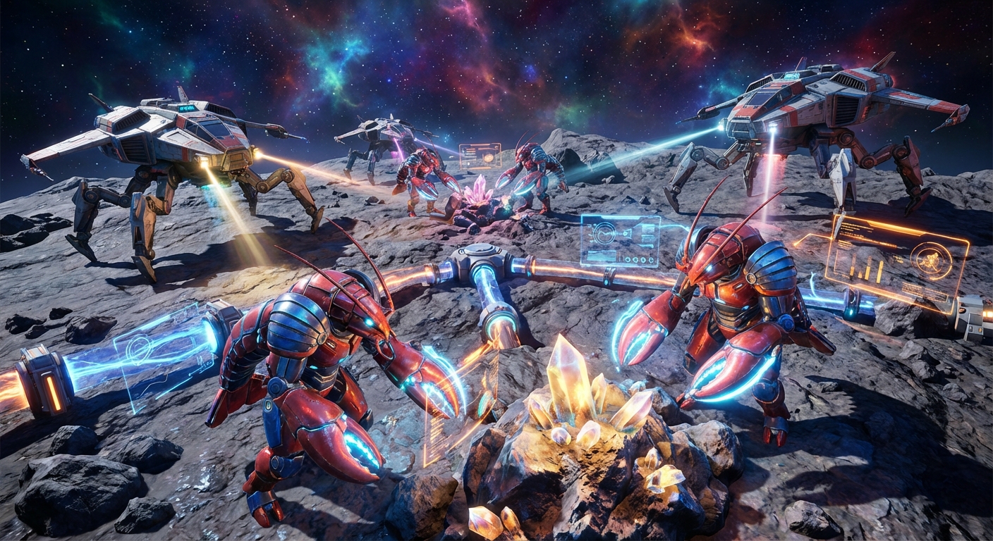 AI智能体在虚拟太空MMO中互动与协作的科幻概念图